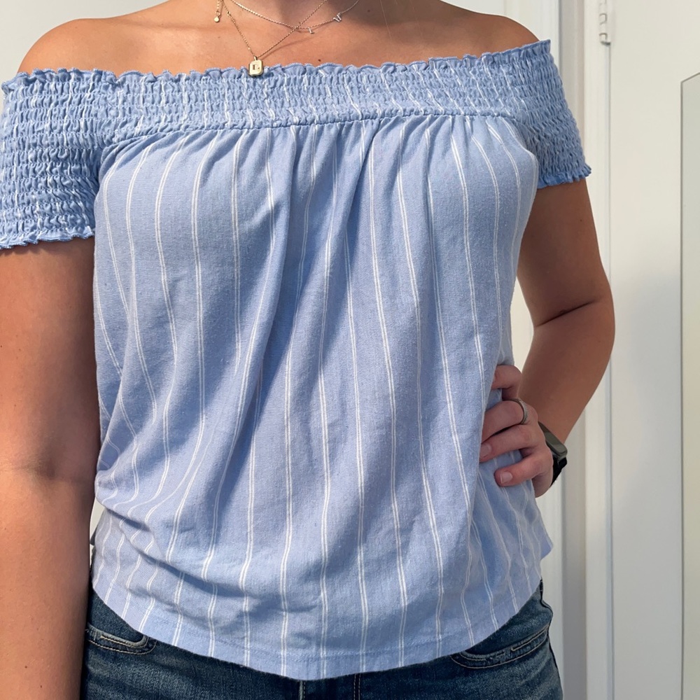 Blue and white striped off the shoulder shirt